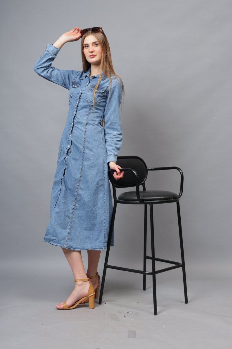 Gaiia Denim Long Buttoned Dress - Blue - GAIIA
